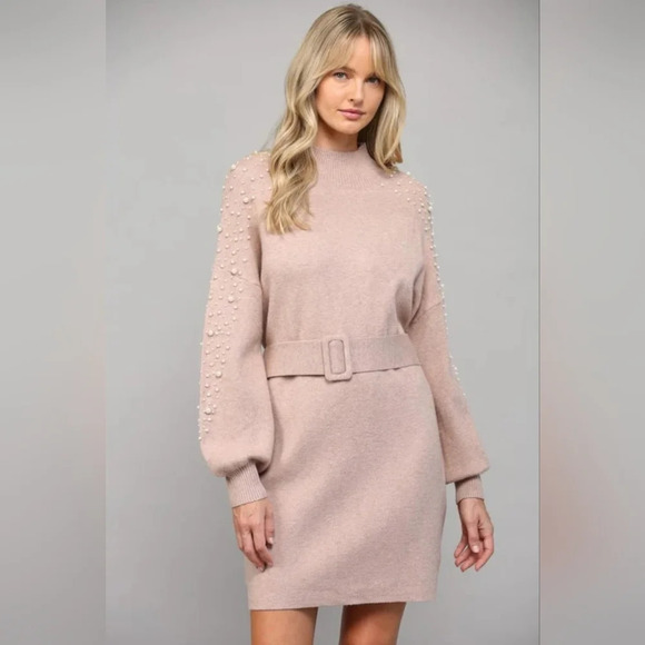 Fate Dresses & Skirts - Fate size small pearl sweater dress belted mini mocha